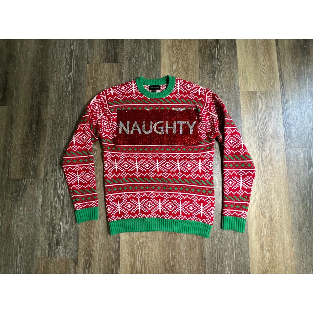 Blizzard Bay Ugly Christmas Sweater Mens Small Red Green Naughty Nice Sequin